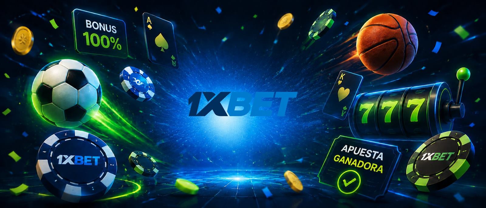 Collage of football, basketball, playing cards, dice and a slot reel representing 1xBet's mixed sports and casino offers